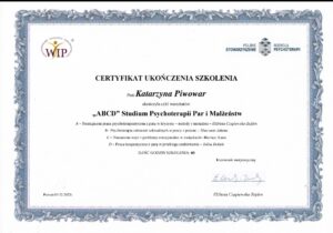 Studium Psychoterapii Par i Małżeństw - certyfikat Katarzyna Piwowar